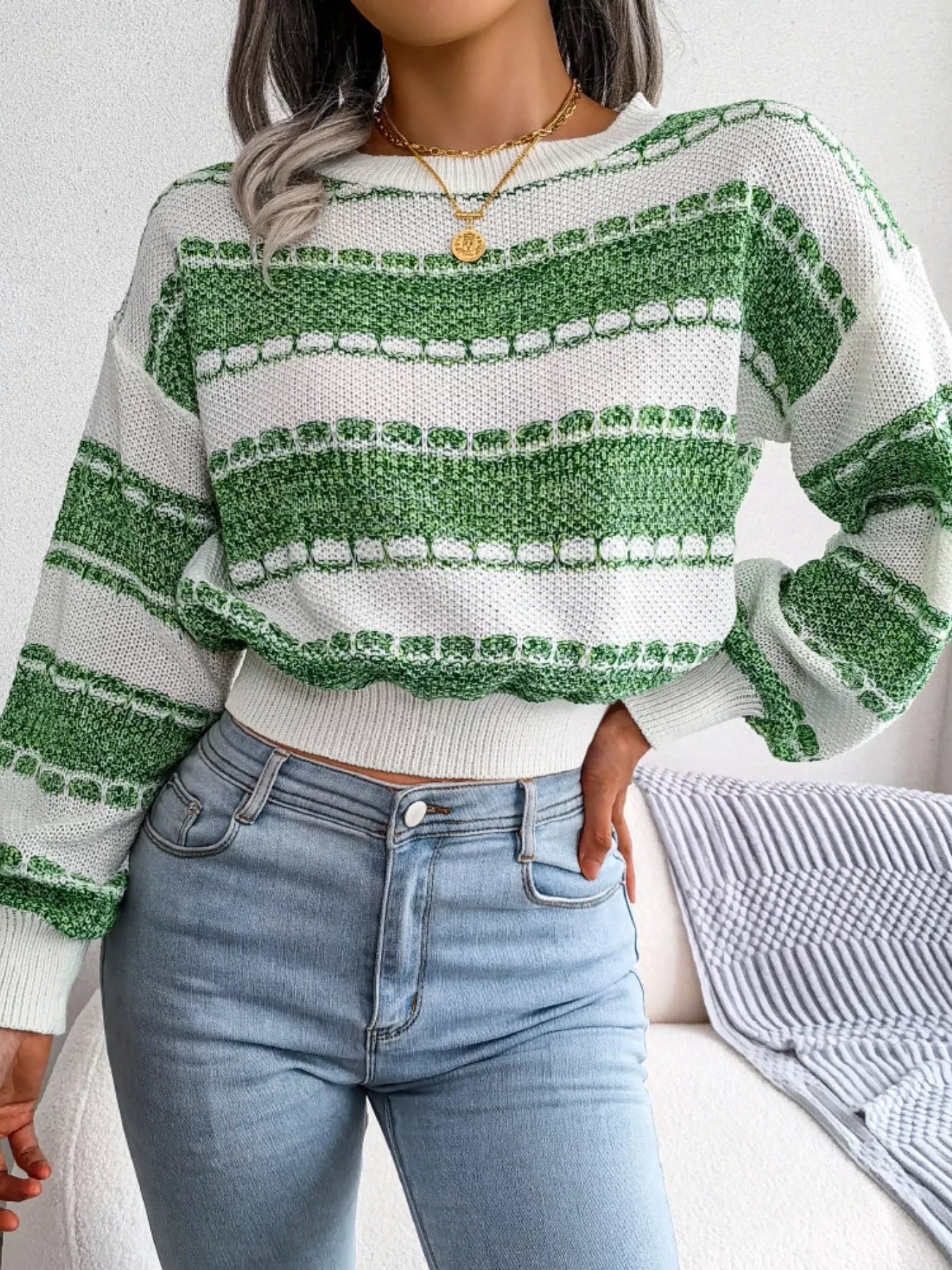 Color Block Round Neck Cropped Sweater - Tigbul's Variety Fashion Shop
