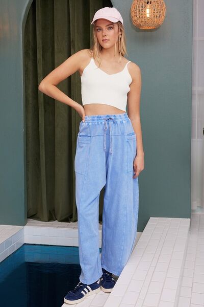 Blue Mineral Wash Elastic Baggy Pants - Tigbul's Variety Fashion Shop