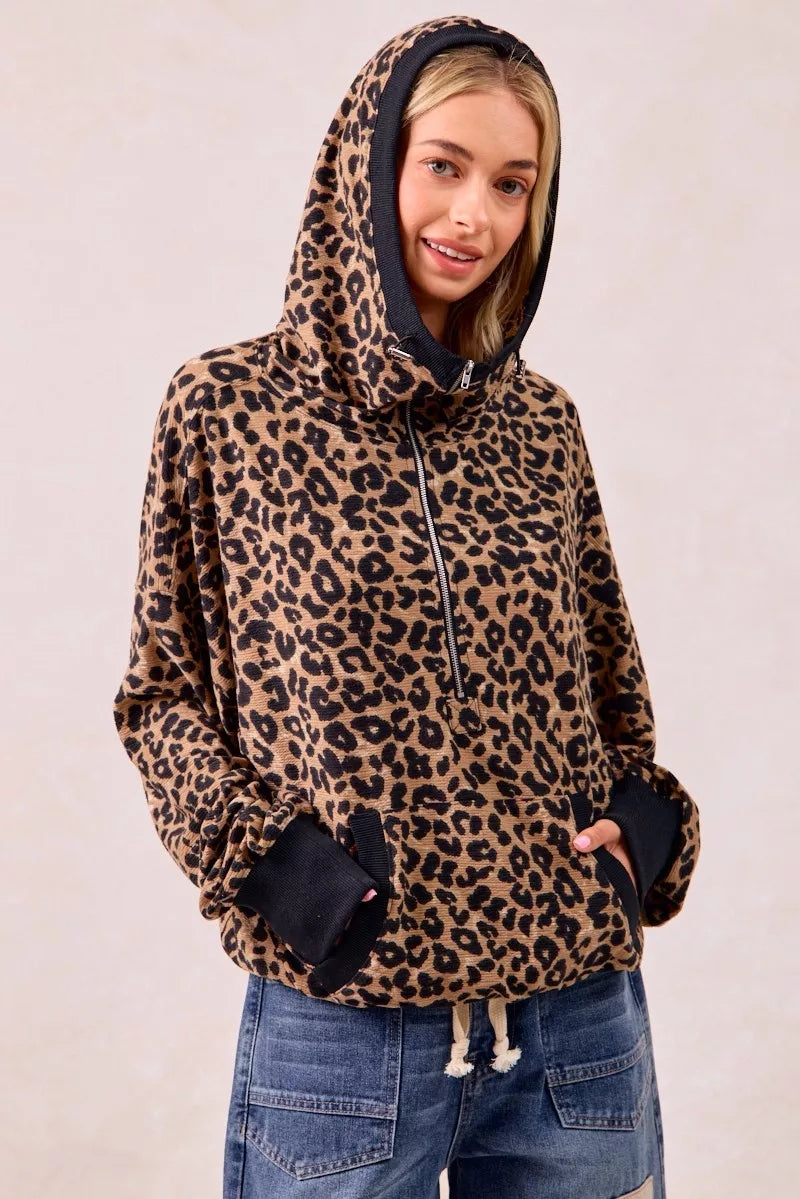 BiBi Leopard Print Waffle Half Zip Up Hoodie W Pocket - Tigbul's Variety Fashion Shop