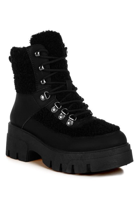 Wellerman Faux Fur Detail Chunky Hiker Boots - Tigbul's Variety Fashion Shop