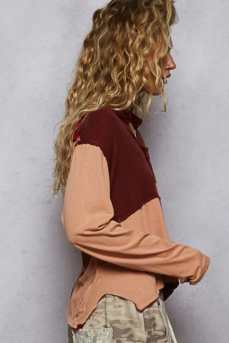 POL Color Block Notched Long Sleeve T-Shirt - Tigbul's Variety Fashion Shop