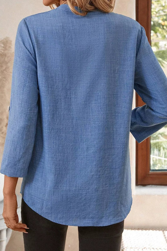 Casual Roll-Up Sleeve Notched Blouse - Tigbul's Variety Fashion Shop