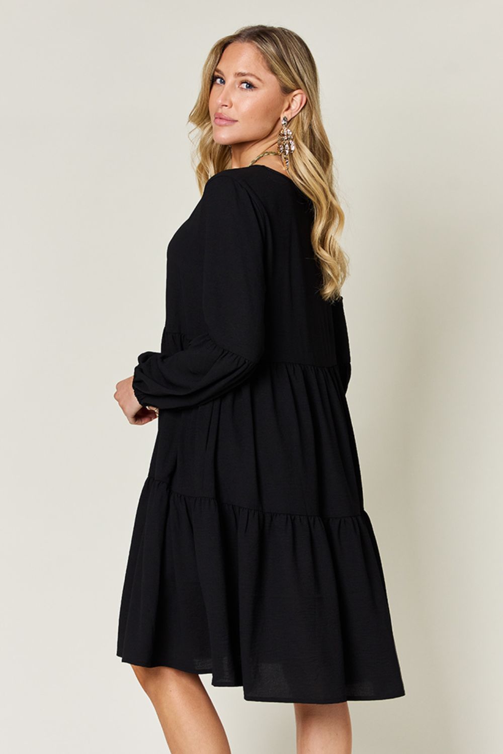 V-Neck Balloon Sleeve Tiered Dress with Pockets - Tigbul's Variety Fashion Shop