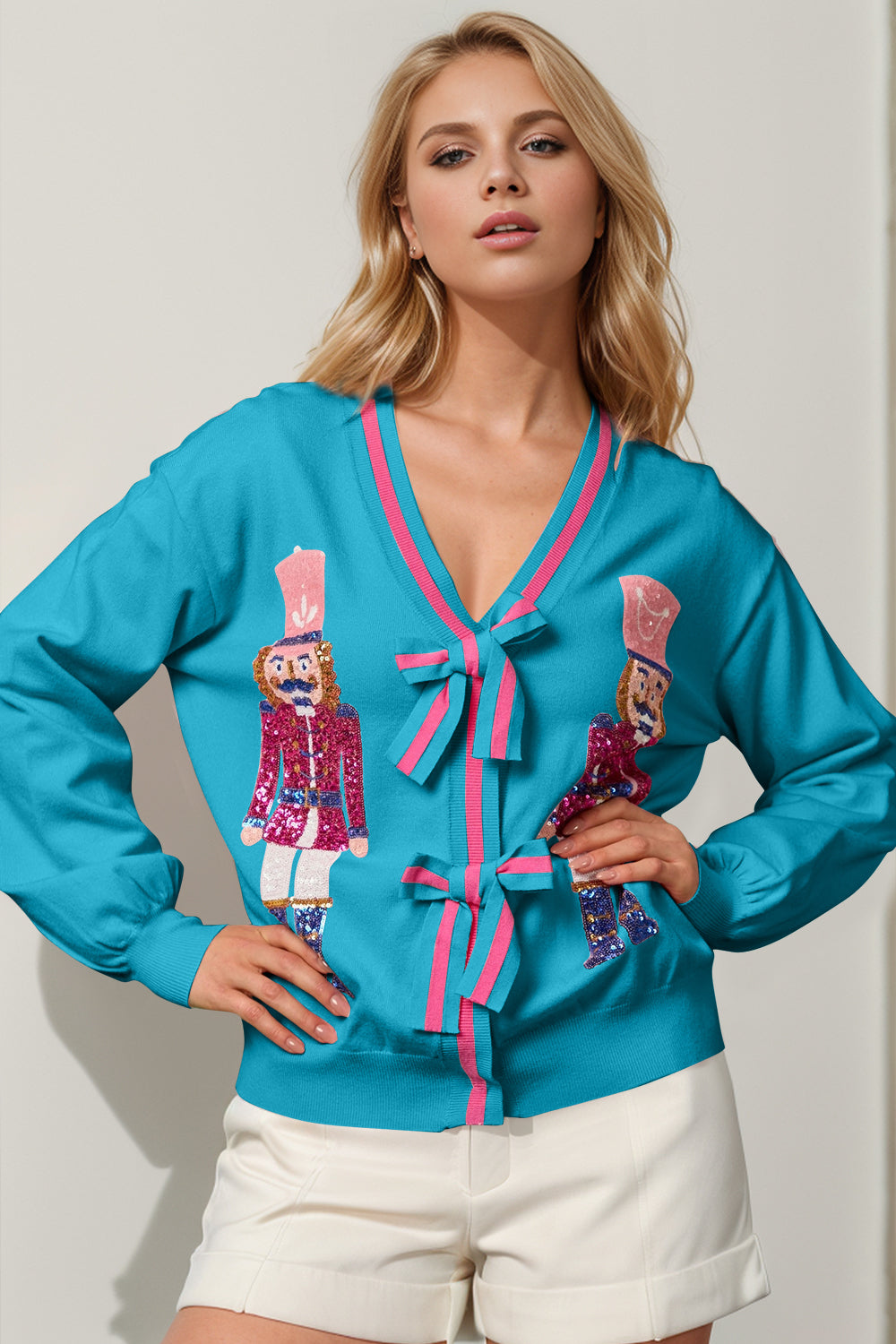 Nutcracker Sequin Bow Decor Cardigan - Tigbul's Variety Fashion Shop