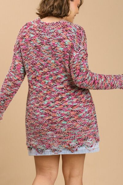 Distressed Hem Multicolored Round Neck Knit Tunic Dress - Tigbul's Variety Fashion Shop