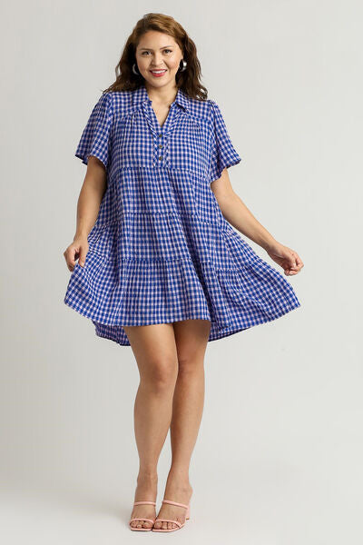 Blue Gingham Tiered Button Detail Short Sleeve Dress - Tigbul's Variety Fashion Shop