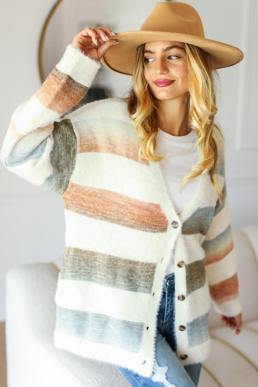 Button Down Stripe Soft Fuzzy Sweater Cardigan - Tigbul's Variety Fashion Shop