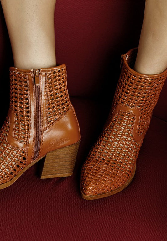 Artisole Woven Pleather Block Heel Boots - Tigbul's Variety Fashion Shop