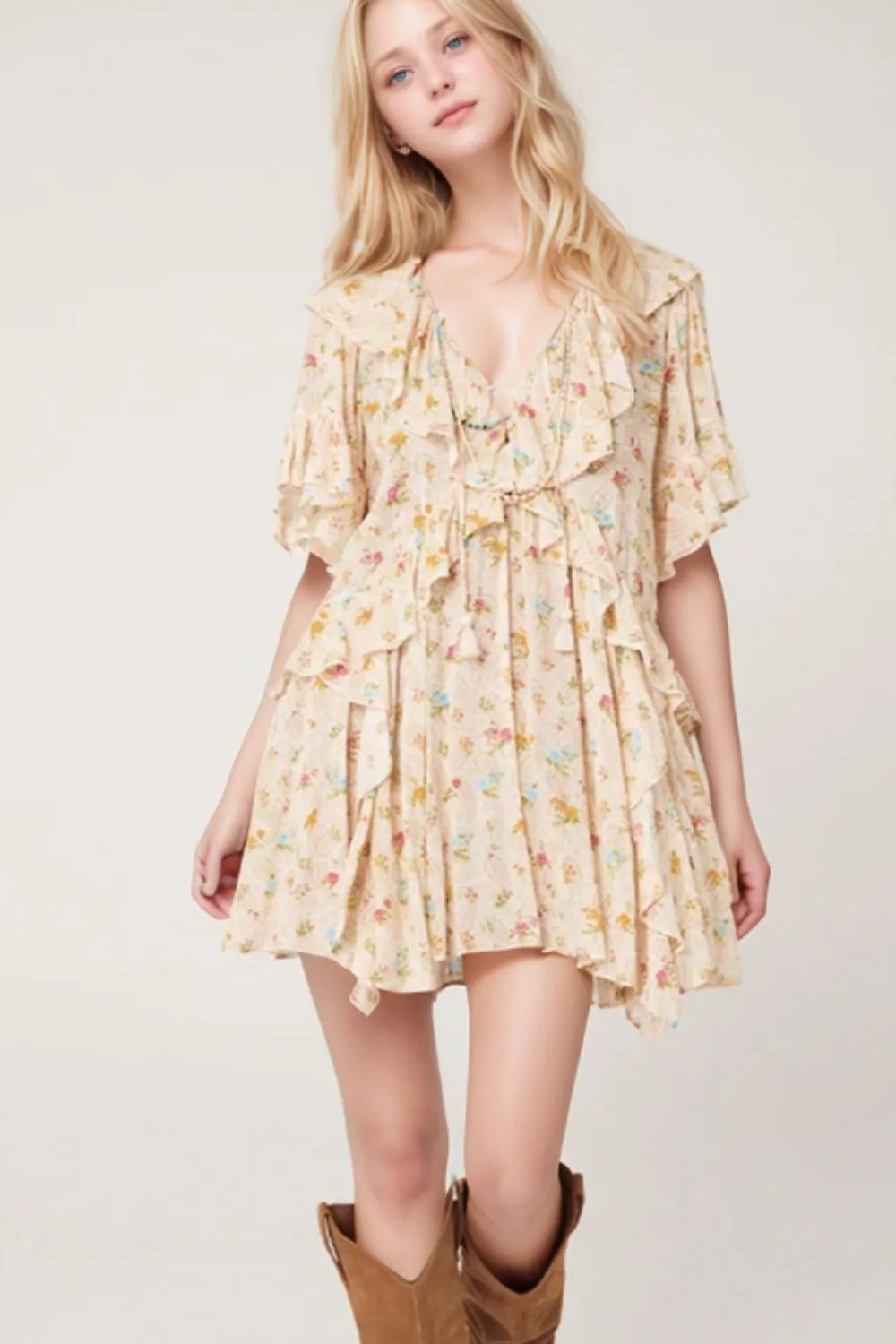 Boho Floral Tassel Tie V Neck Ruffle Wide Sleeve Mini Dress - Tigbul's Variety Fashion Shop