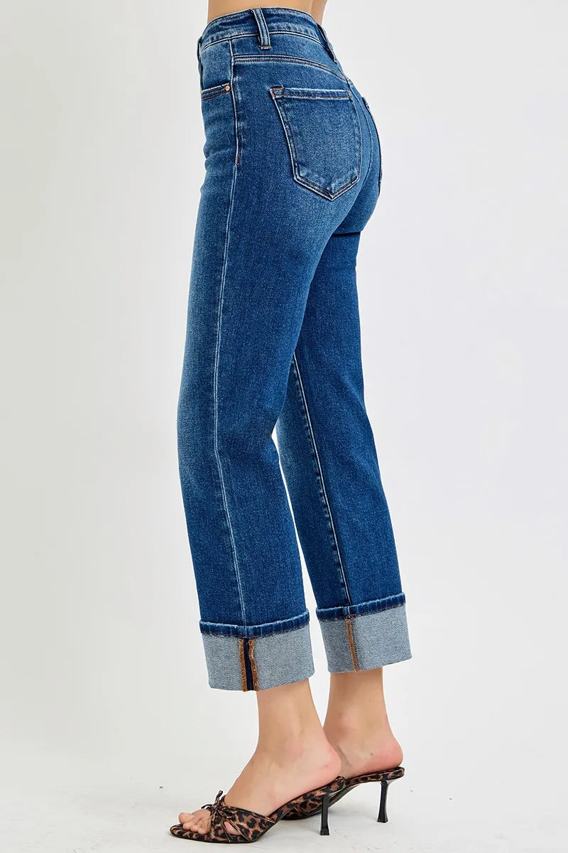 RISEN High Rise Ankle Straight Cuffed Jeans - Tigbul's Variety Fashion Shop
