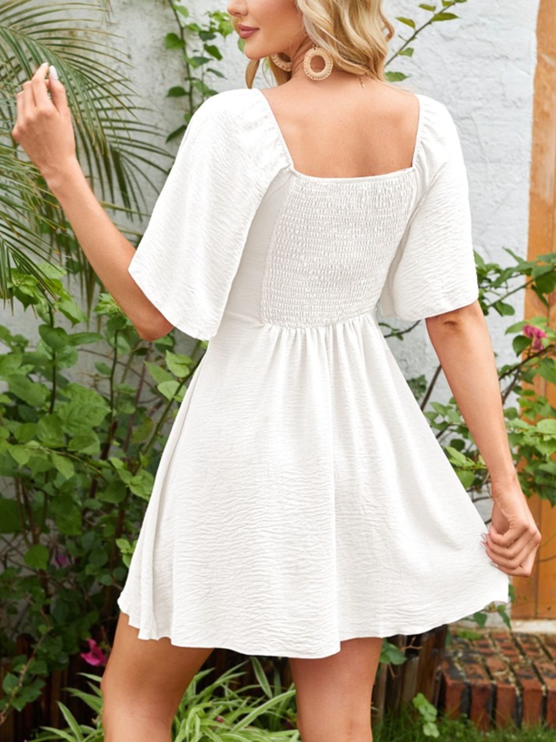 Smocked Back Knotted Flutter Sleeve Dress - Tigbul's Variety Fashion Shop