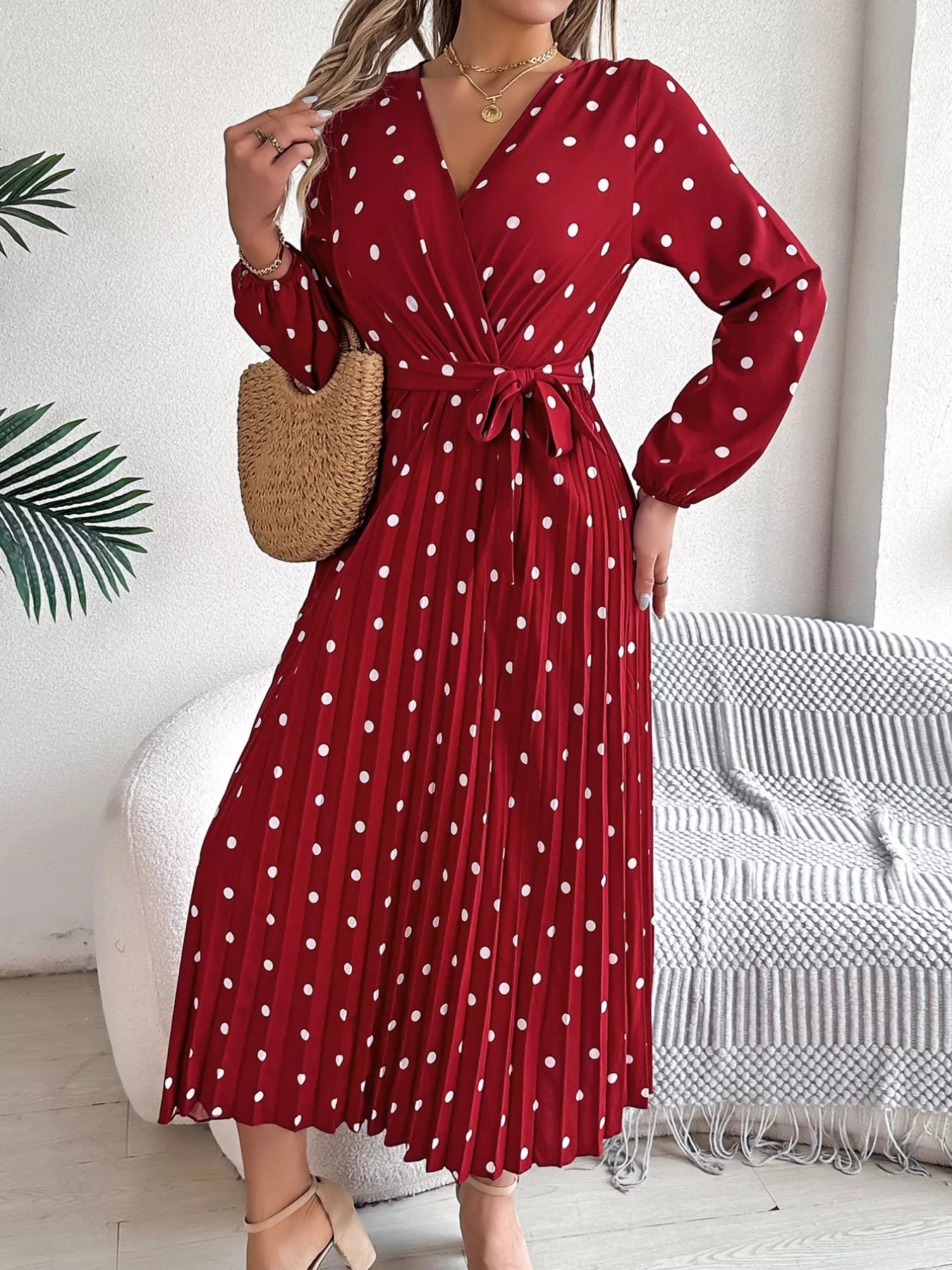 Front Tie Polka Dot Midi Pleated Dress - Tigbul's Variety Fashion Shop