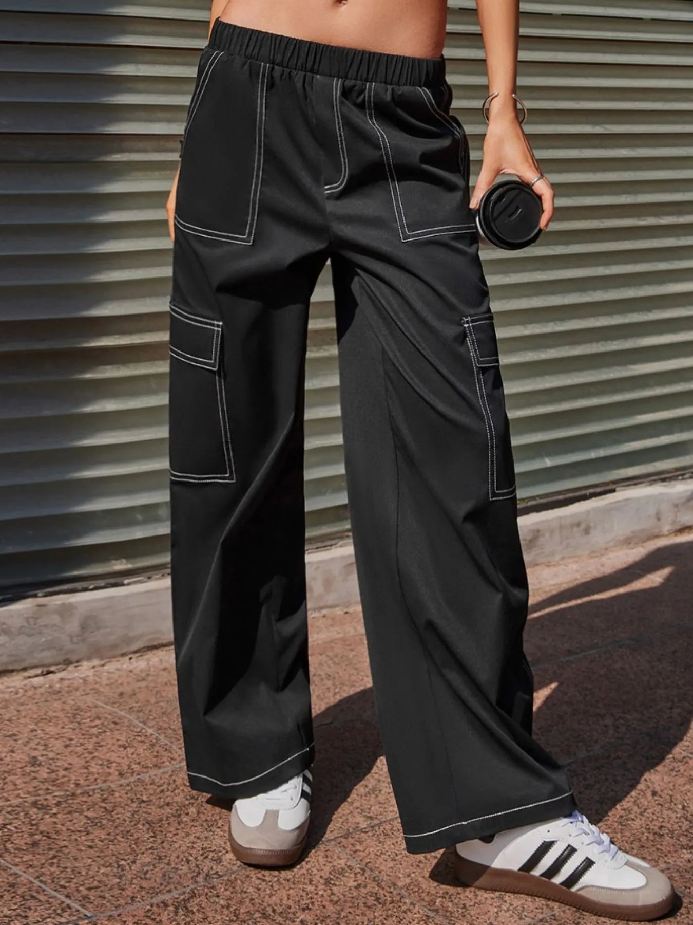 Wide Leg Pants with Contrast Stitching - Tigbul's Variety Fashion Shop