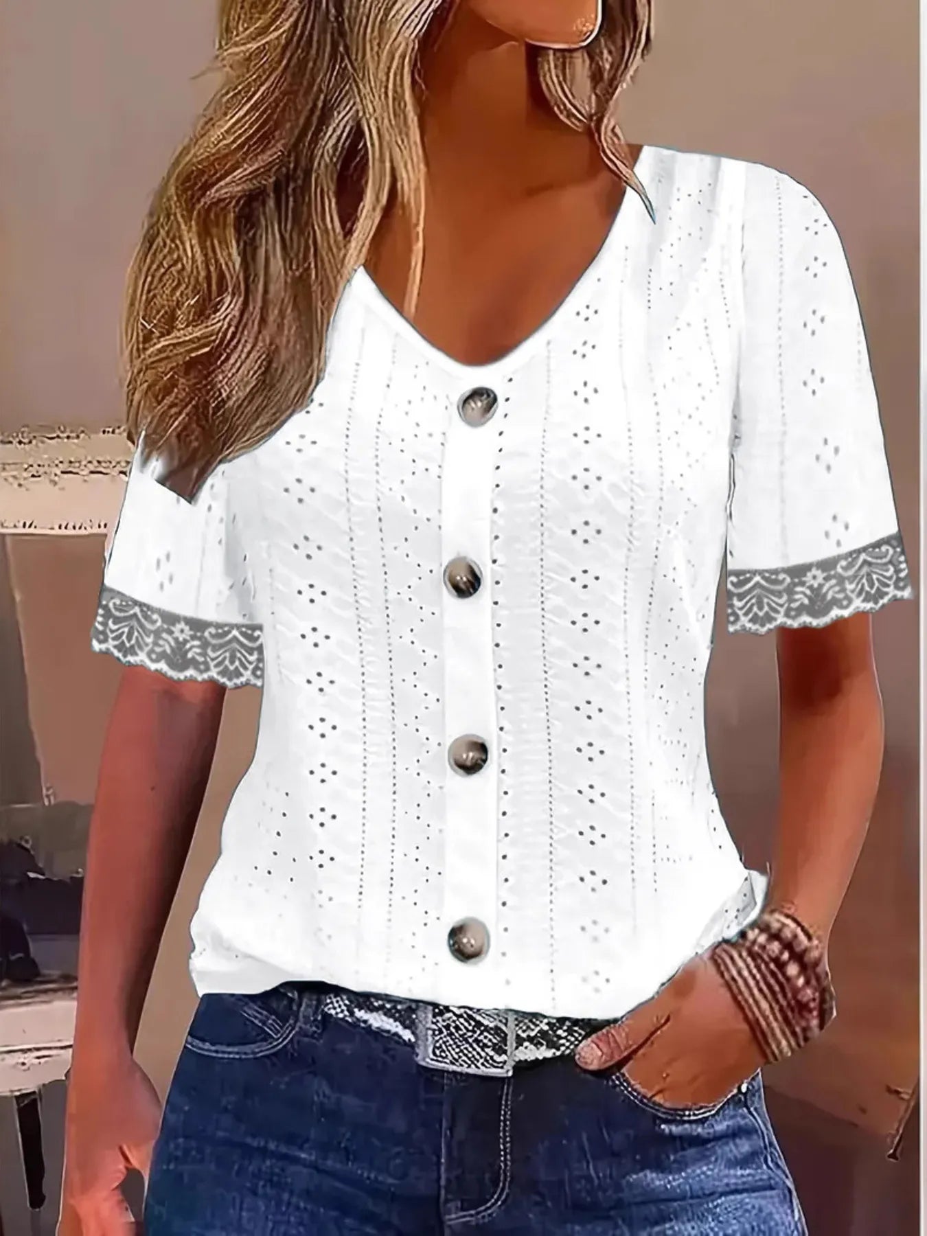 Eyelet Lace Trim Short Sleeve Blouse - Tigbul's Variety Fashion Shop
