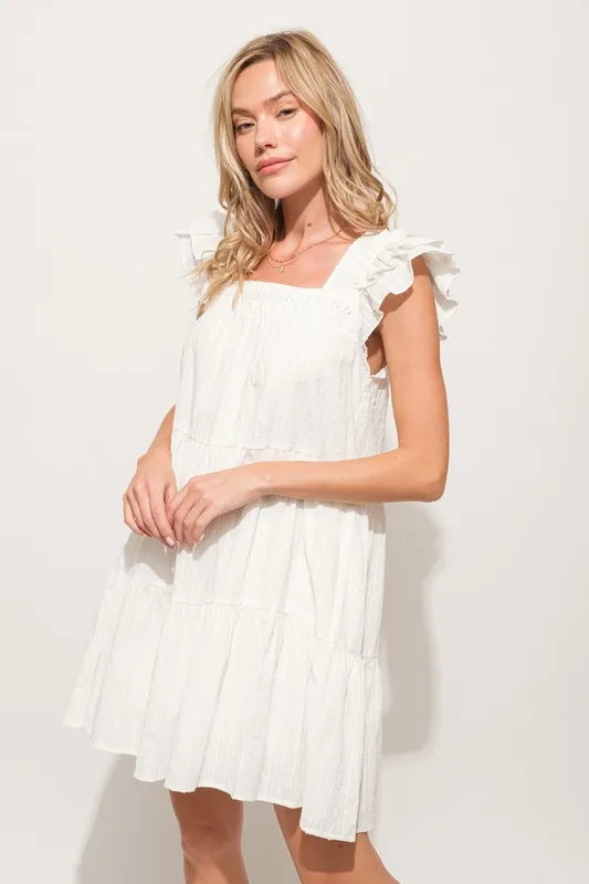 Origami Pleating Ruffled Sleeve Off White Tiered Dress - Tigbul's Variety Fashion Shop