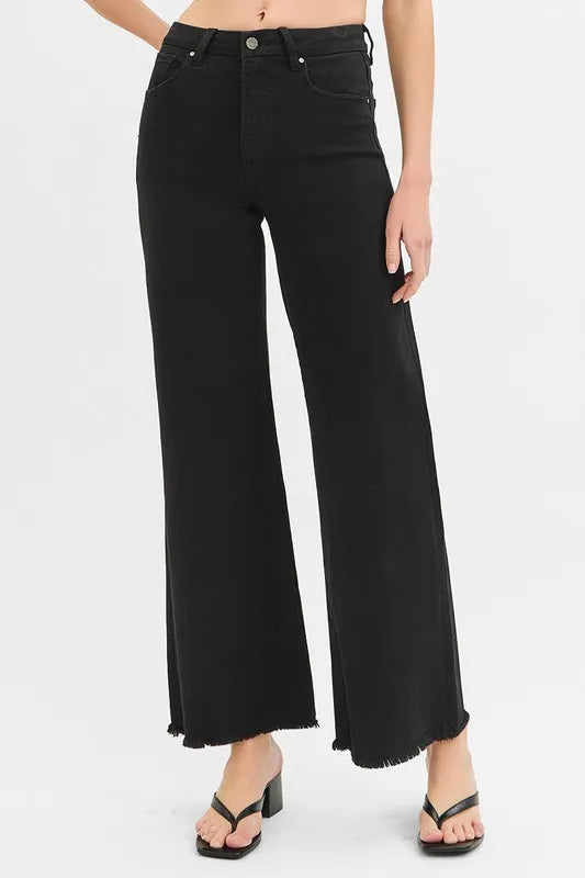 RISEN Full Size Tummy Control Black High Rise Wide Jeans Plus Size - Tigbul's Variety Fashion Shop