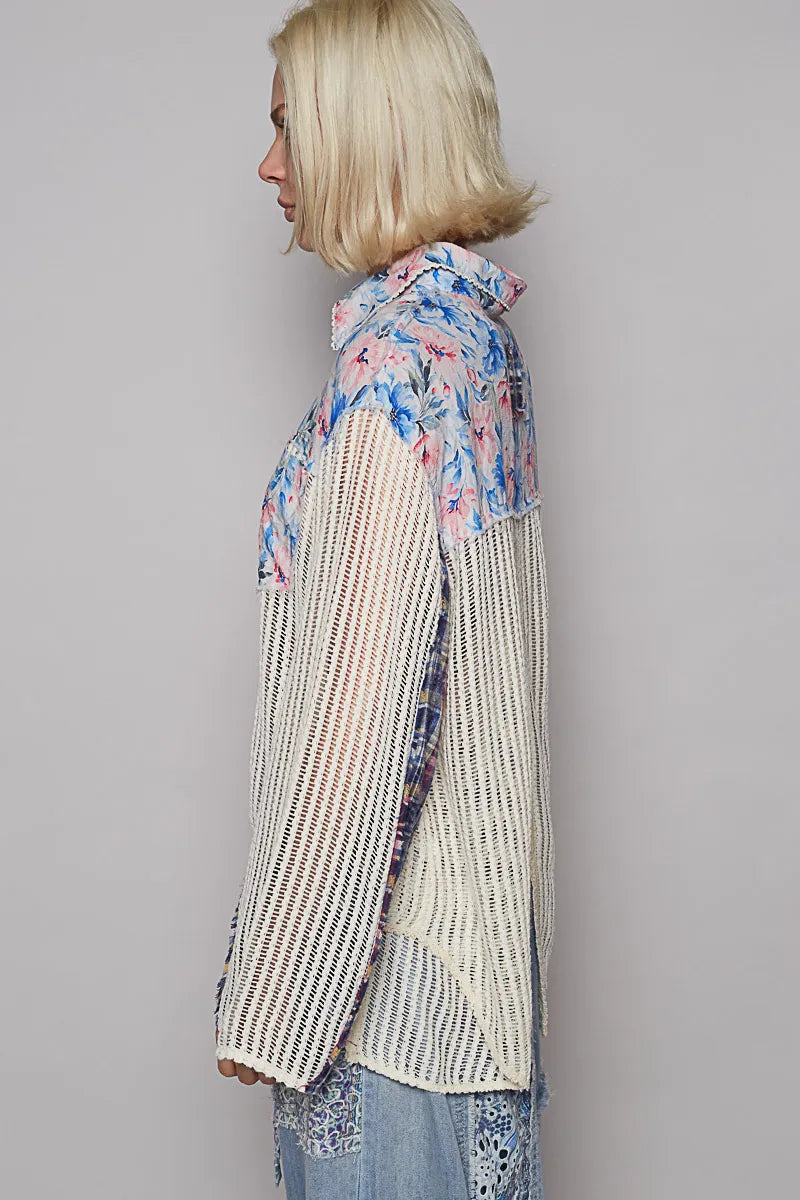 POL Floral Slit Back Plaid Patchwork Shirt - Tigbul's Variety Fashion Shop