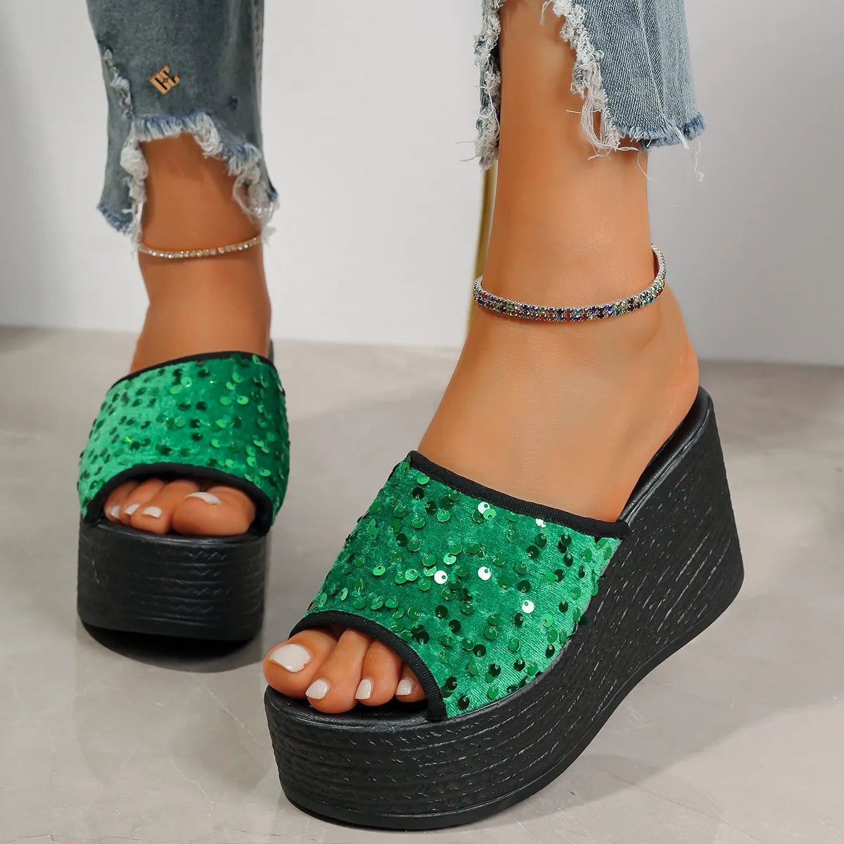 Rhinestone Peep Toe Wedge Sandals - Tigbul's Variety Fashion Shop