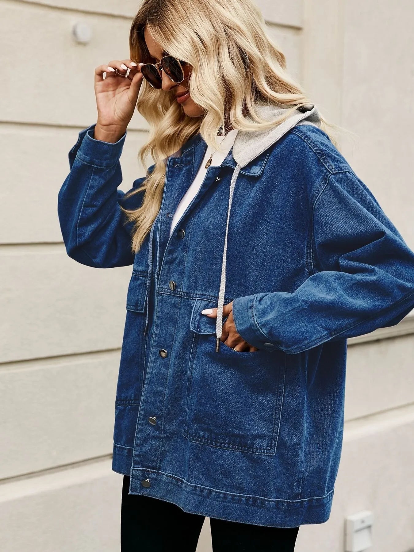 Oversized Button Up Denim Jacket with Hood - Tigbul's Variety Fashion Shop