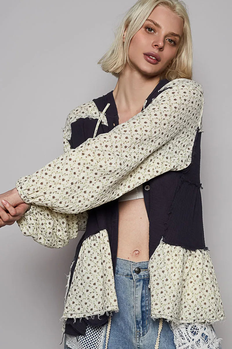 POL Color Block Printed Frayed Hem Hooded Shacket - Tigbul's Variety Fashion Shop