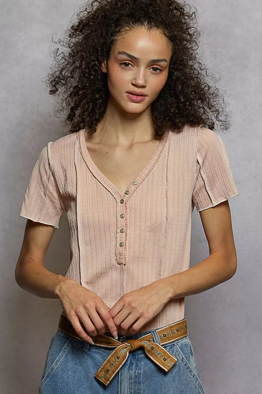 POL V-Neck Short Sleeve Top with Stitch Seam Detail - Tigbul's Variety Fashion Shop
