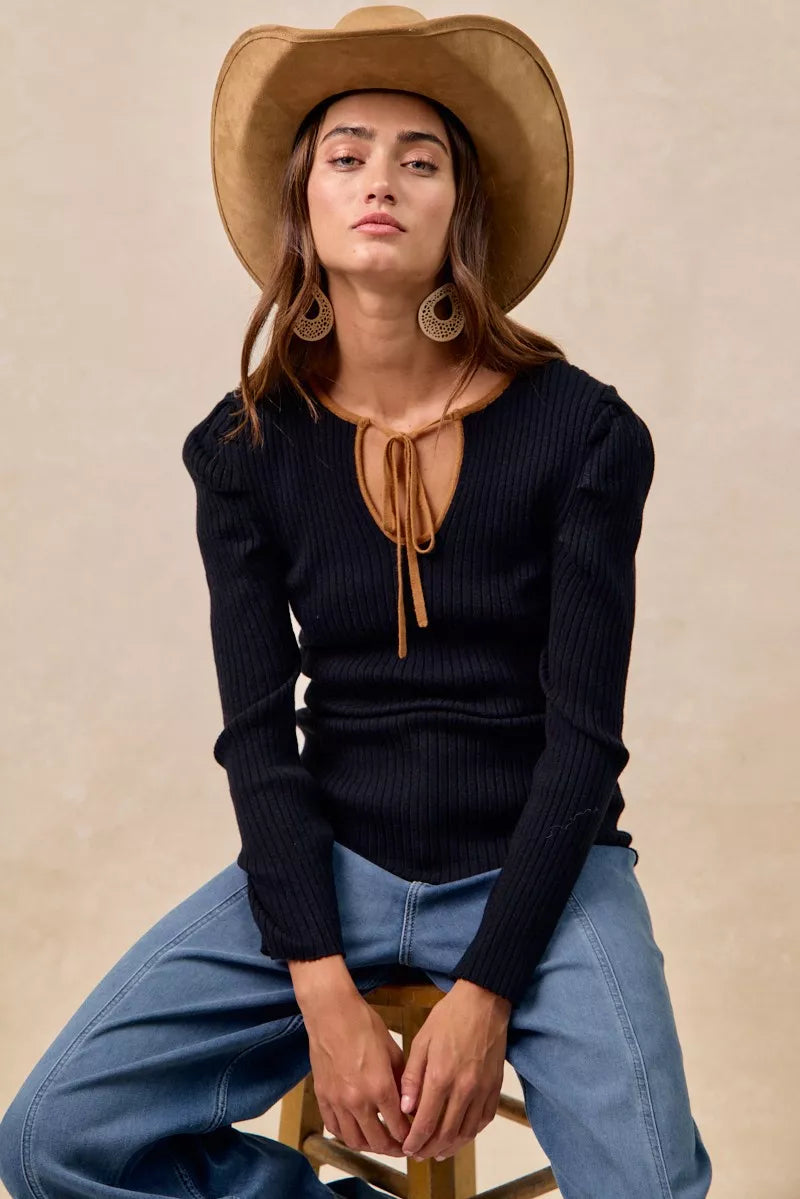 BiBi Ribbed Contrast Front Tied Top with Shrried - Tigbul's Variety Fashion Shop