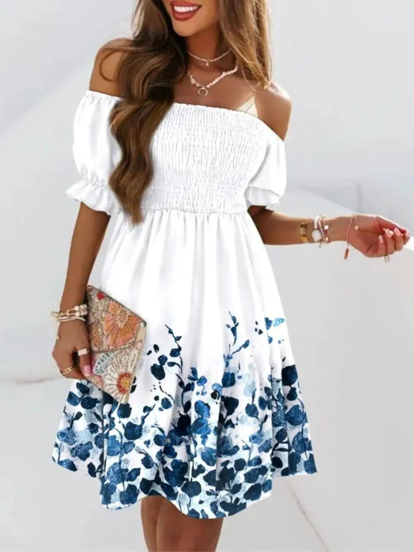 Off Shoulder Smocked Summer Dress - Tigbul's Variety Fashion Shop