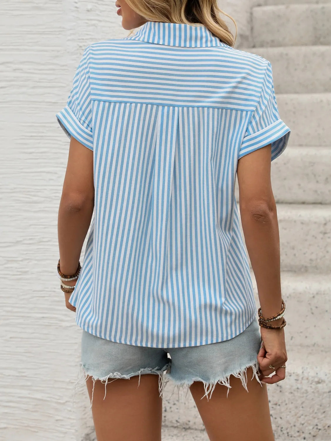 Striped Collared Neck Short Sleeve Shirt - Tigbul's Variety Fashion Shop