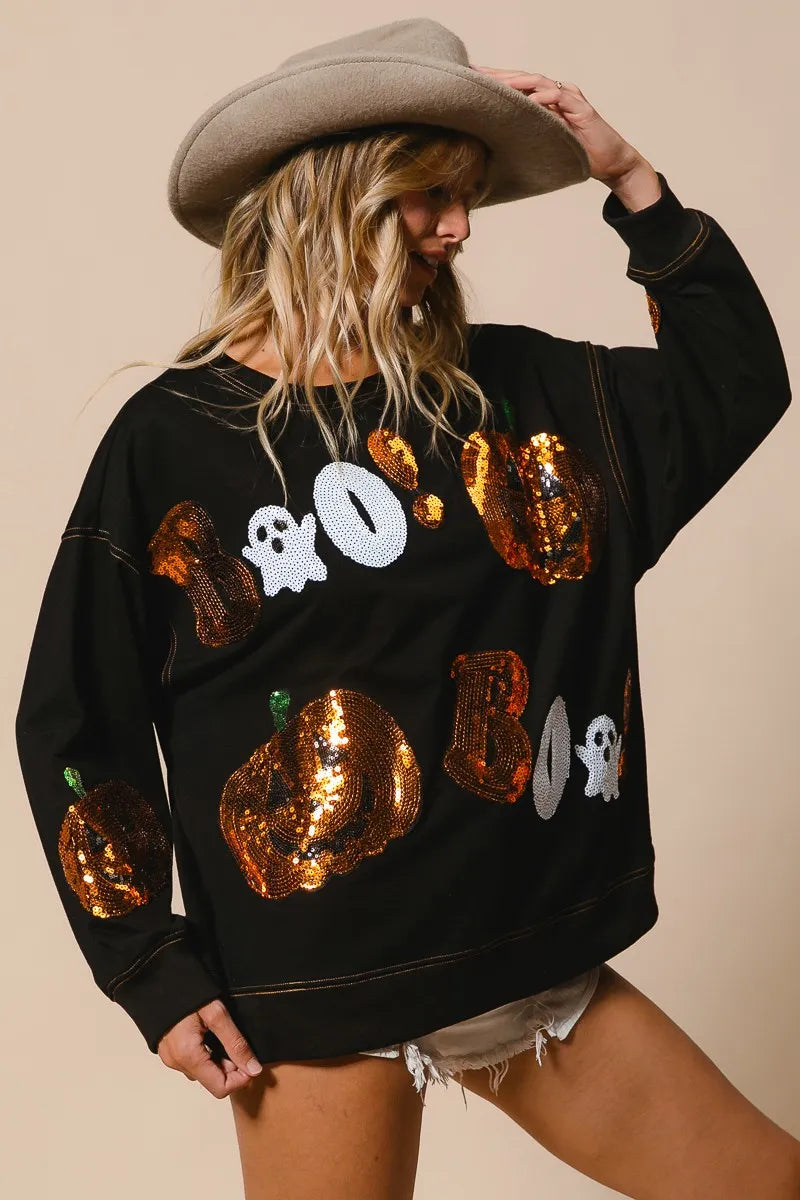BiBi Halloween Theme Sequin Embroideries Sweatshirt - Tigbul's Variety Fashion Shop