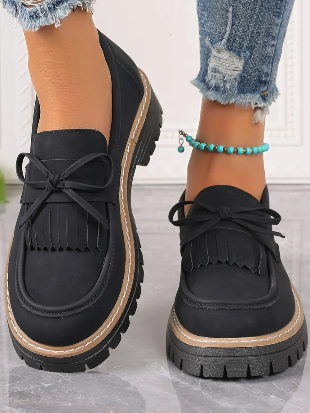 PU Leather Bow Platform Loafers - Tigbul's Variety Fashion Shop