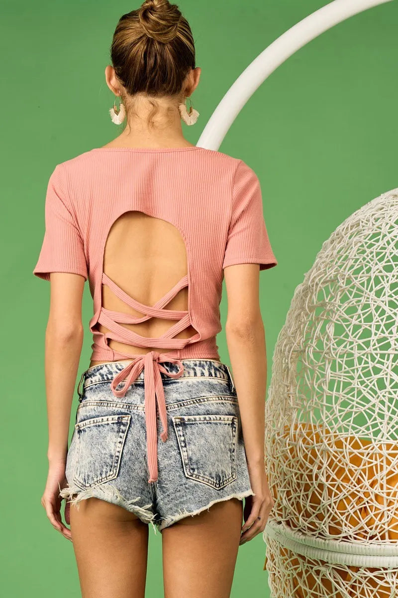 Rib Knit with Back Cross and Tied Detailed Top - Tigbul's Variety Fashion Shop