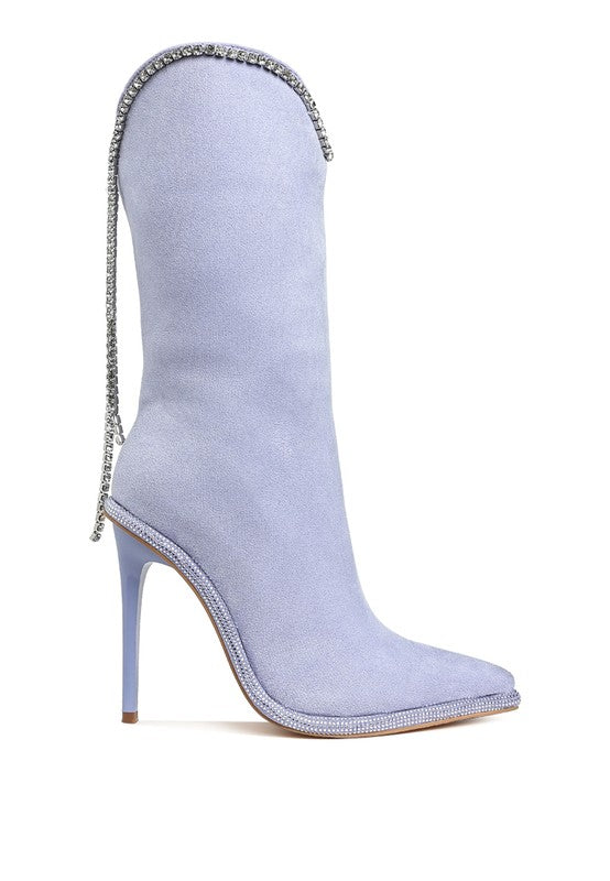 Ashipa Diamante Chain Detail Calf Boots 4 inch Heels - Tigbul's Variety Fashion Shop