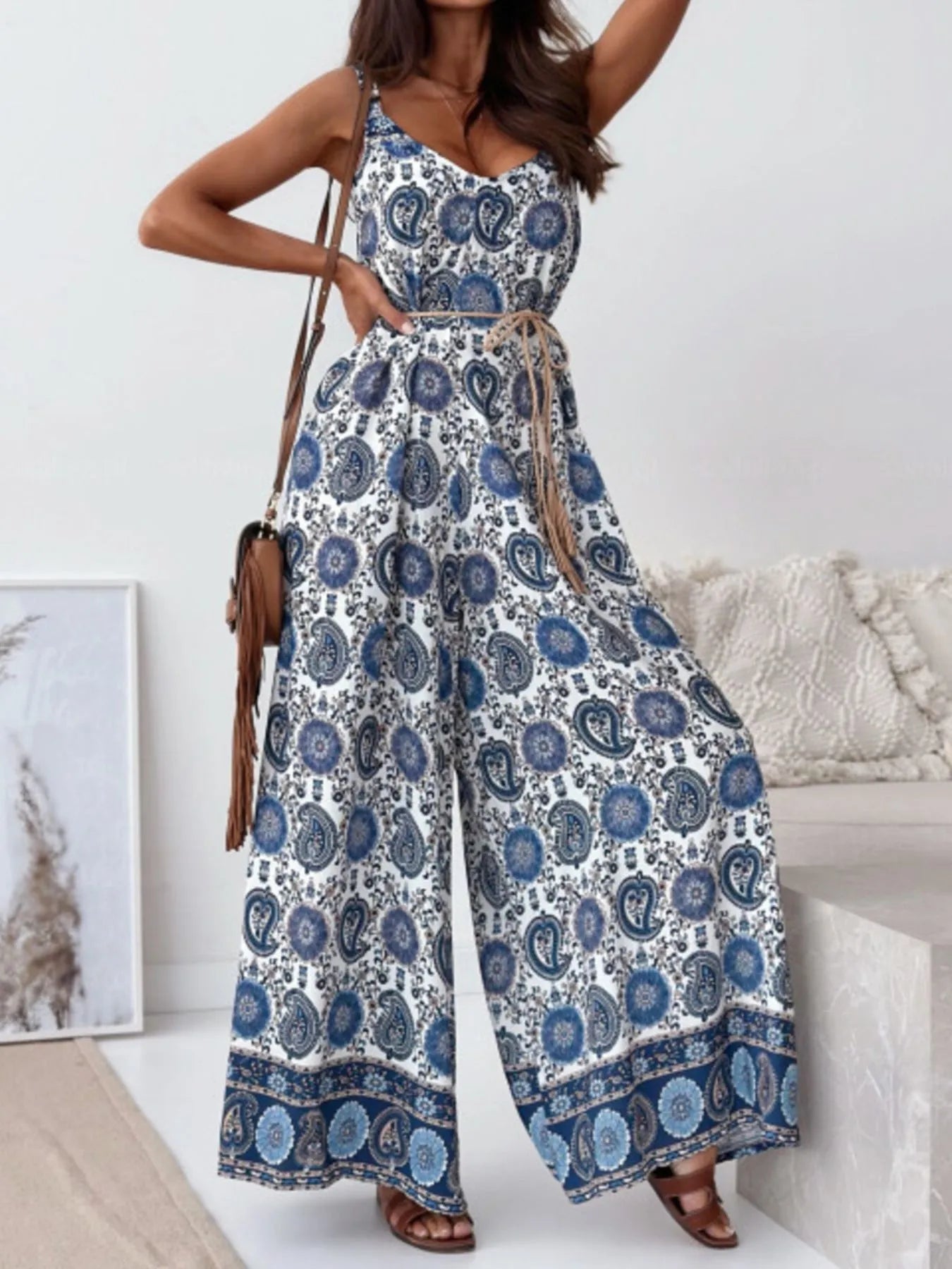 Paisley Print Spaghetti Strap Wide Leg Jumpsuit - Tigbul's Variety Fashion Shop