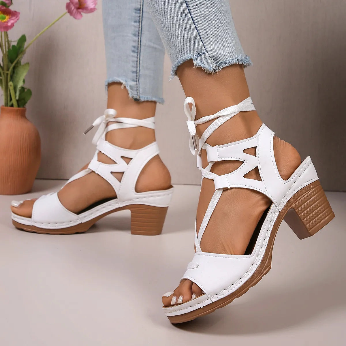 Lace-Up Block Heel Sandals - Tigbul's Variety Fashion Shop