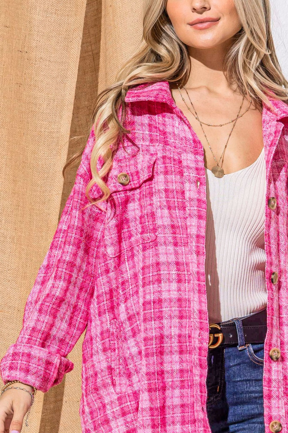 Fuchsia Tweed Button Down Long Sleeve Shacket - Tigbul's Variety Fashion Shop
