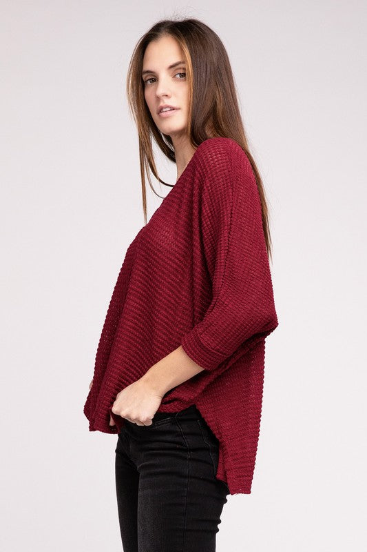3/4 Sleeve V-Neck Hi-Low Hem Jacquard Sweater - Tigbul's Variety Fashion Shop