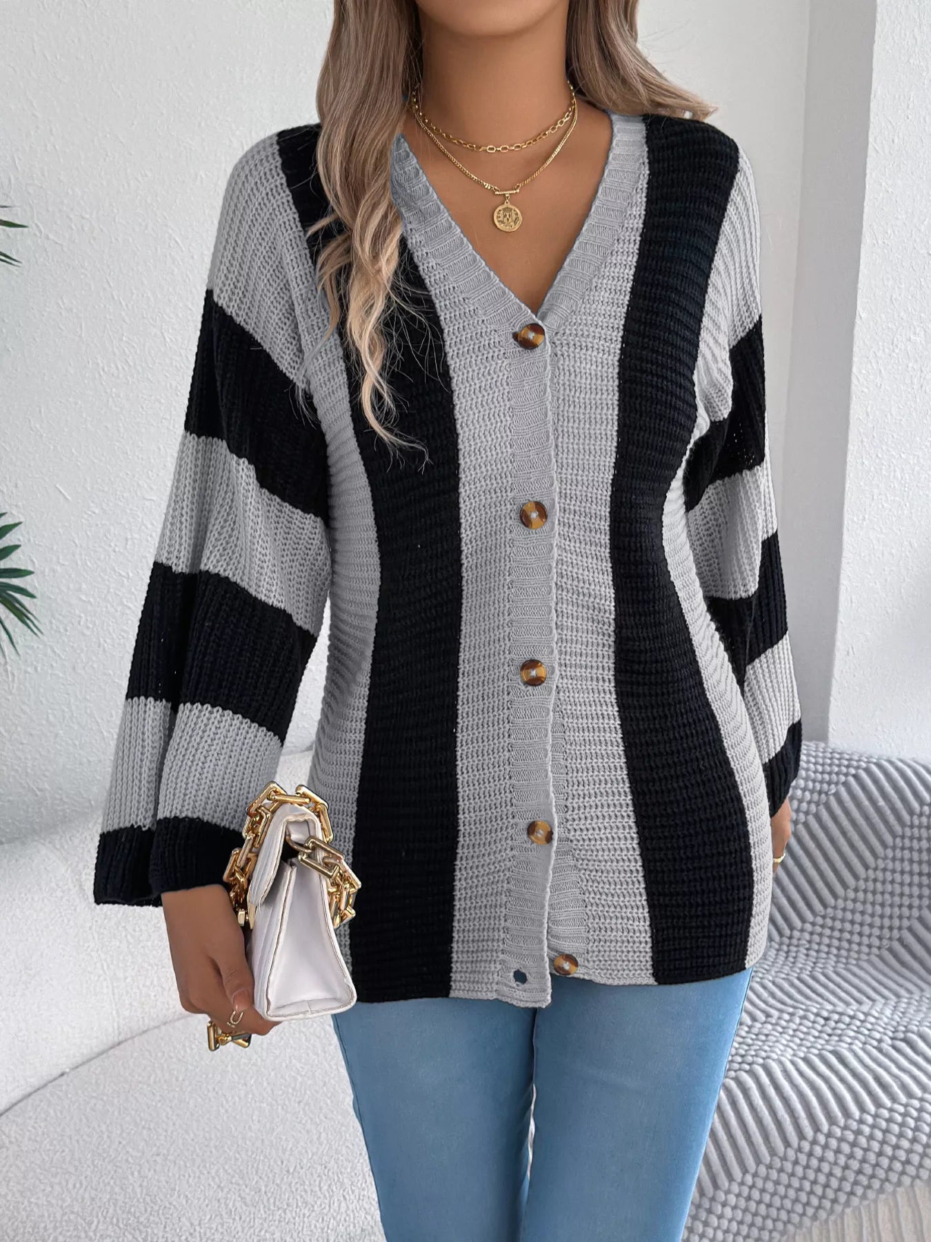 Color Block Button-Up Cardigan - Tigbul's Variety Fashion Shop