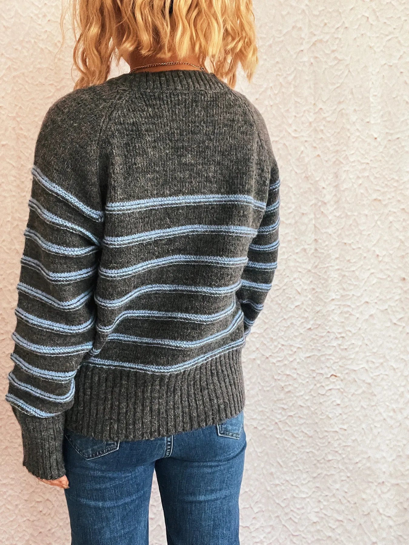 Striped Button Detail Long Sleeve Sweater - Tigbul's Variety Fashion Shop