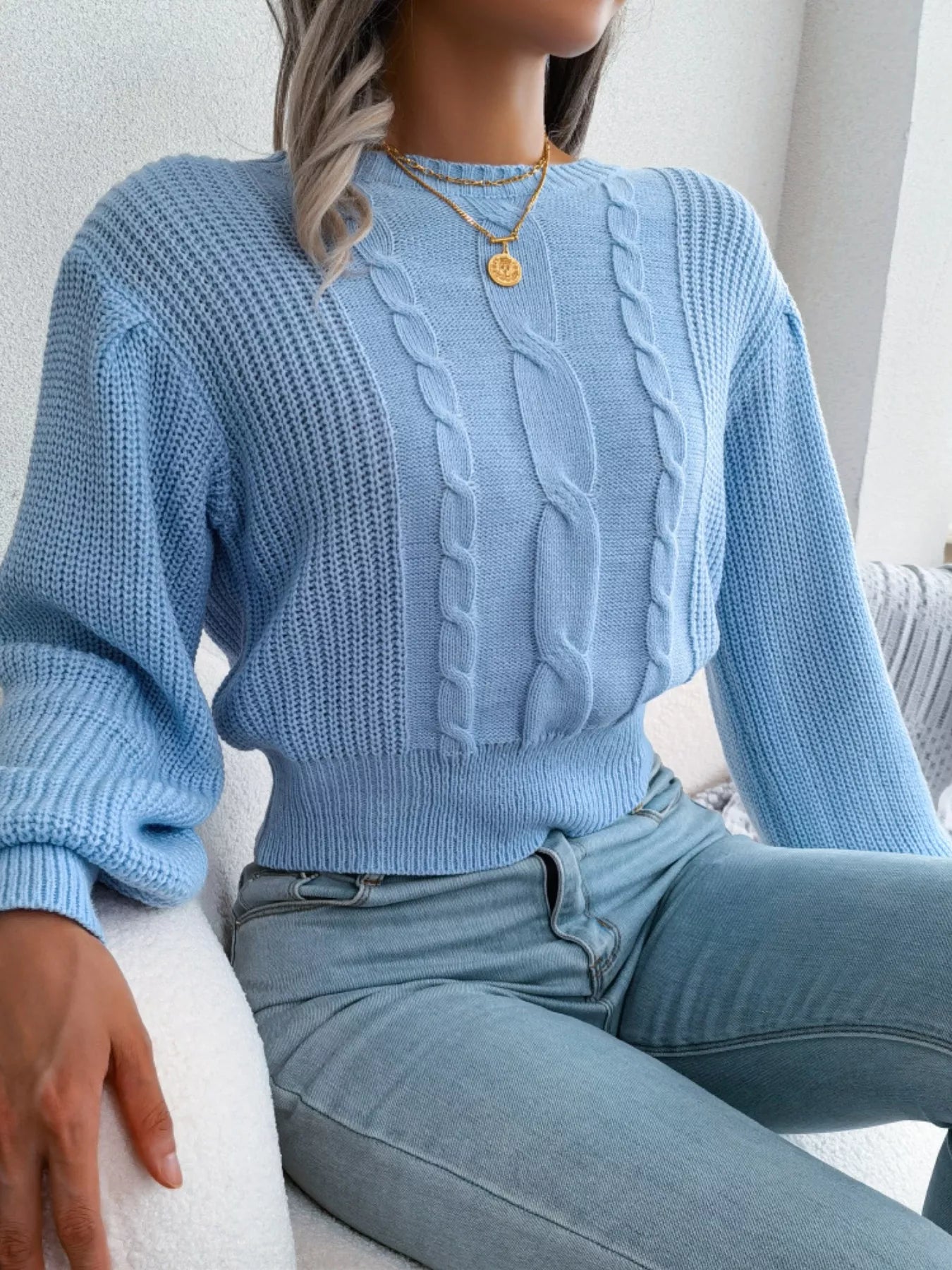 Cable Knit Round Neck Cropped Sweater - Tigbul's Variety Fashion Shop