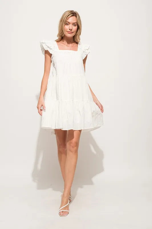 Origami Pleating Ruffled Sleeve Off White Tiered Dress - Tigbul's Variety Fashion Shop