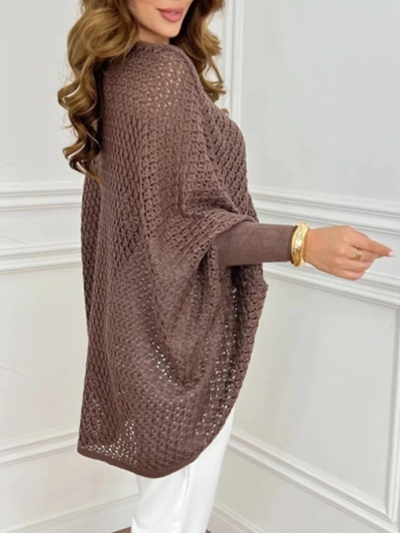 Crochet V-Neck Batwing Sleeves Oversized Sweater - Tigbul's Variety Fashion Shop