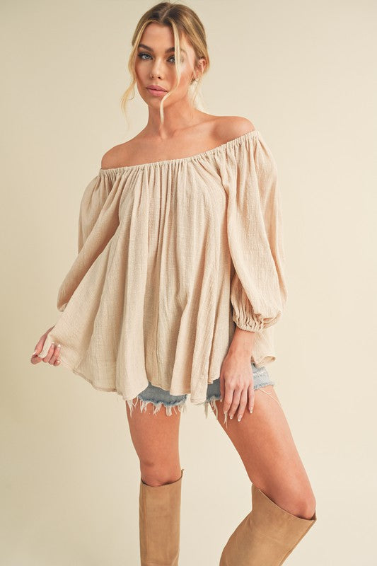 Beige Off-Shoulder Balloon Sleeve Blouse - Tigbul's Variety Fashion Shop