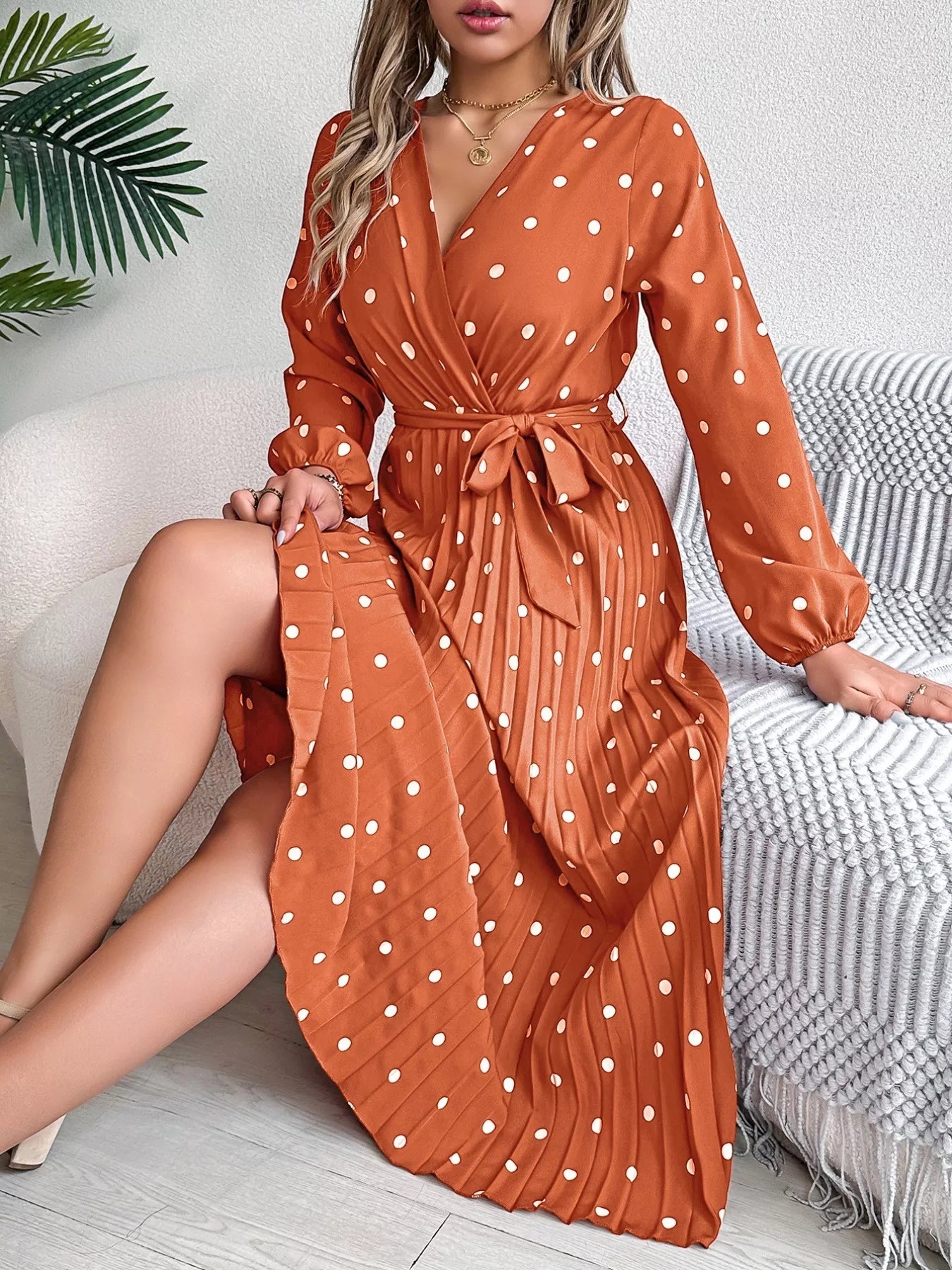 Front Tie Polka Dot Midi Pleated Dress - Tigbul's Variety Fashion Shop