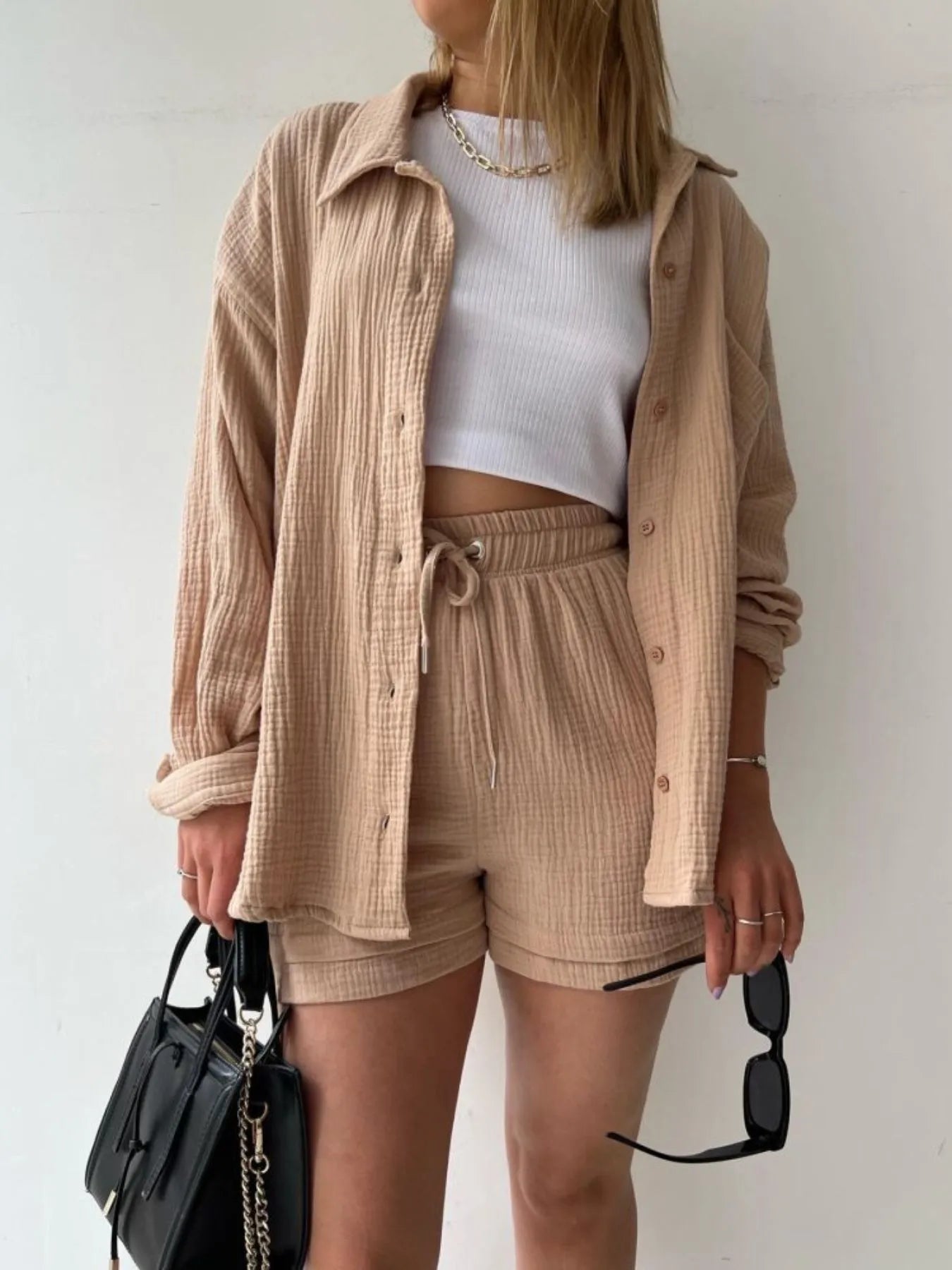 Textured Button Up Shirt and Shorts Set - Tigbul's Variety Fashion Shop