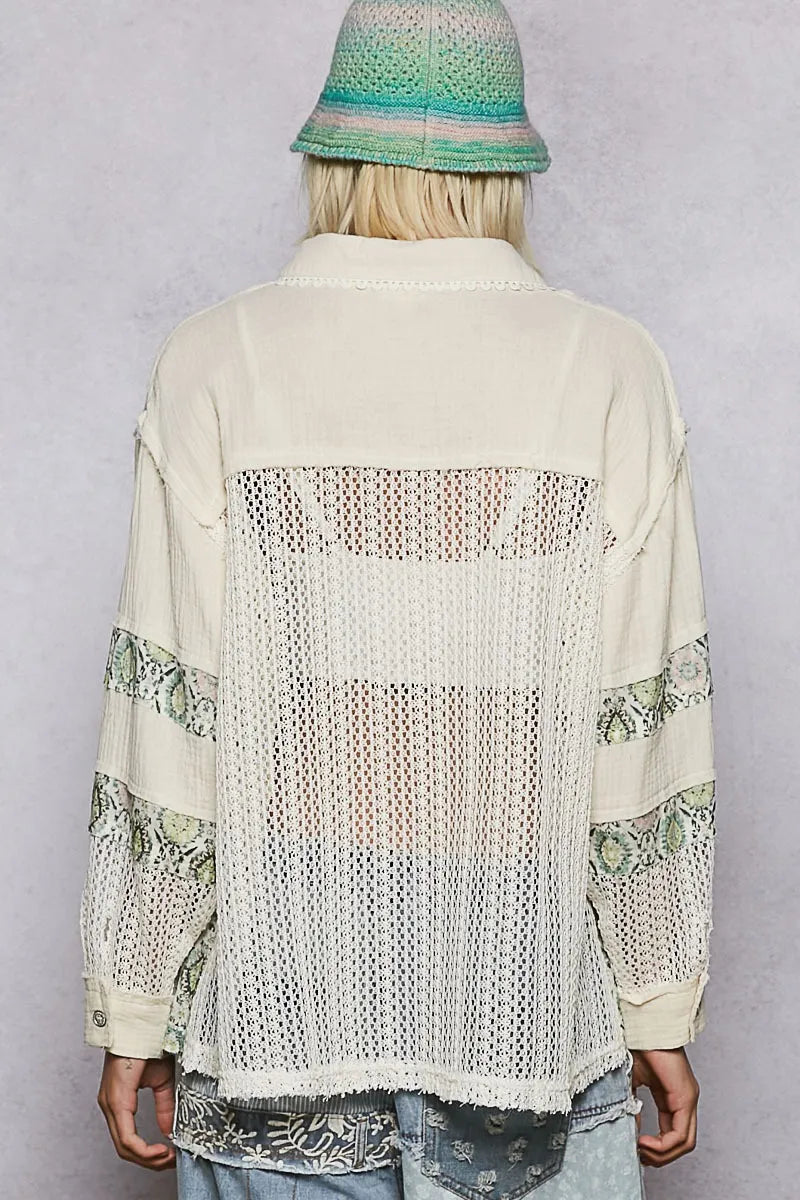 POL Printed Crochet Patchwork Button-Up Shirt - Tigbul's Variety Fashion Shop