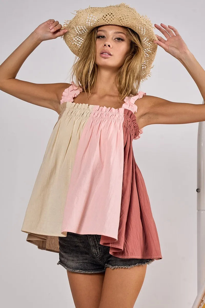 Frill Shoulder Strap Color Block Bodice Top - Tigbul's Variety Fashion Shop