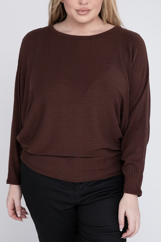 Plus Ribbed Batwing Long Sleeve Boat Neck Sweater - Tigbul's Variety Fashion Shop