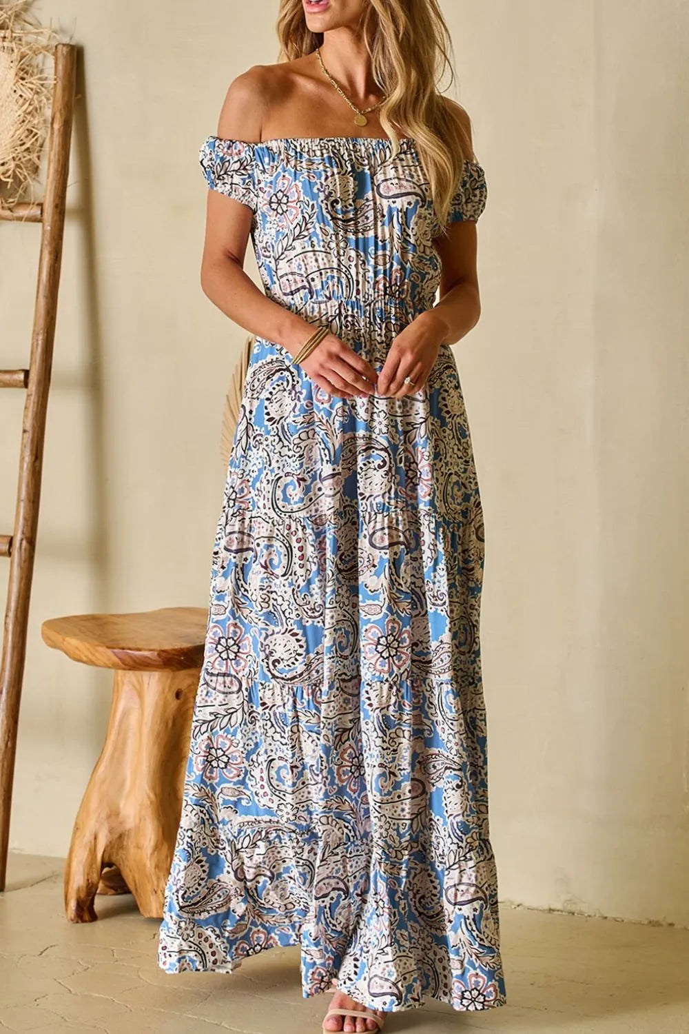 Boho Paisley Print Off Shoulder Maxi Dress - Tigbul's Variety Fashion Shop