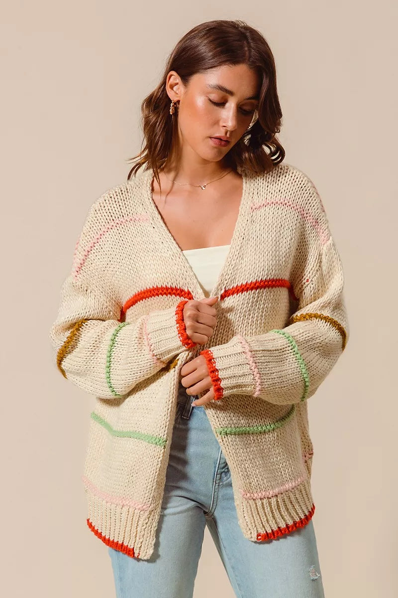 SO ME Loose Fit Multi Stripe Open Front Cardigan - Tigbul's Variety Fashion Shop