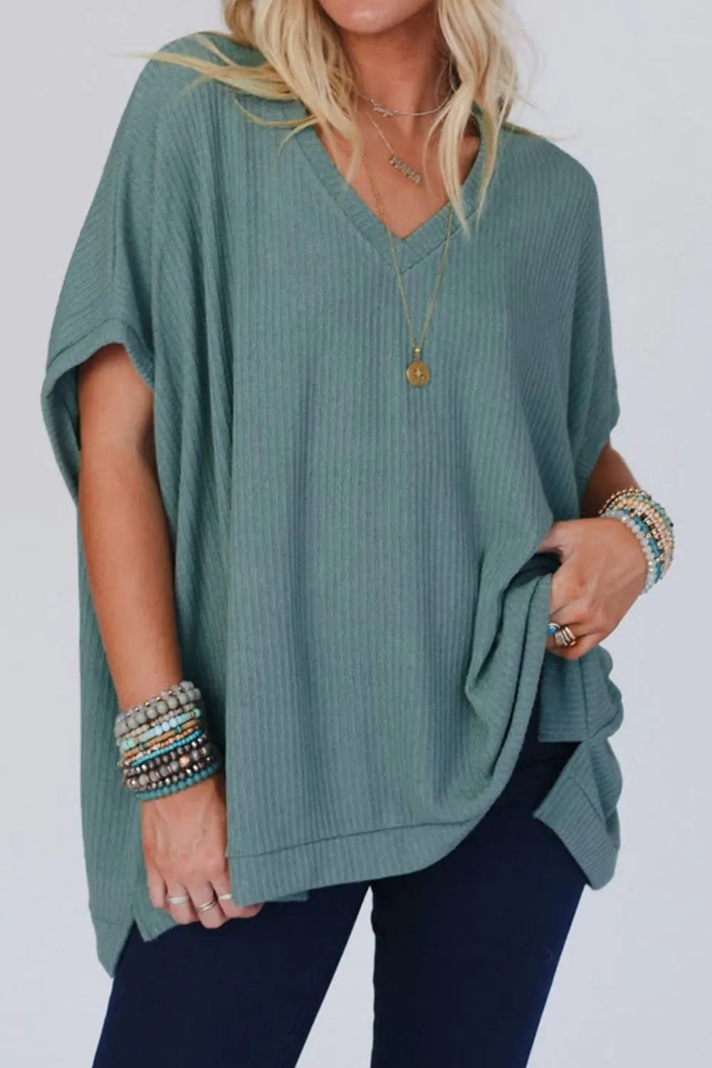 Blue Oversized Ribbed Knit V Neck Dolman Short Sleeve Top - Tigbul's Variety Fashion Shop